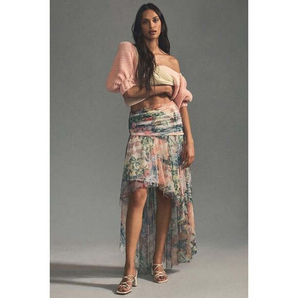 NWT Anthropologie High-Low Tulle Maxi Skirt 14 Floral Mesh Pink Green $160 - Picture 1 of 7